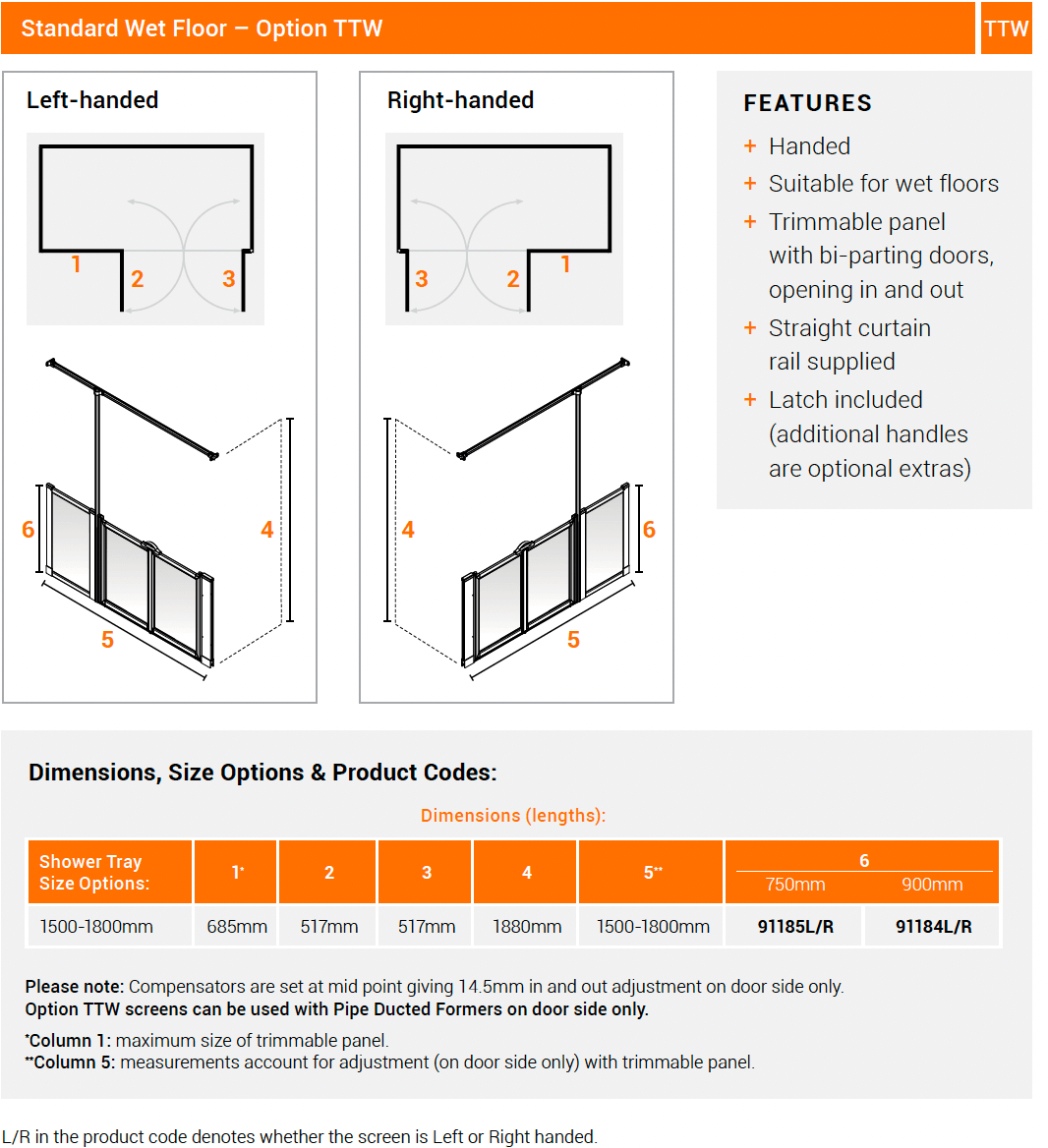 AKW Option TTW 750mm High Shower Screens
