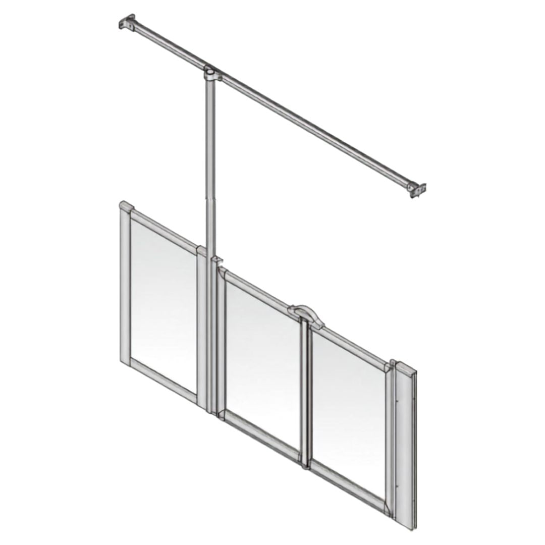 A silver metal sliding shower screen door system with three panels and an overhead mounting bar, shown on a plain white background.