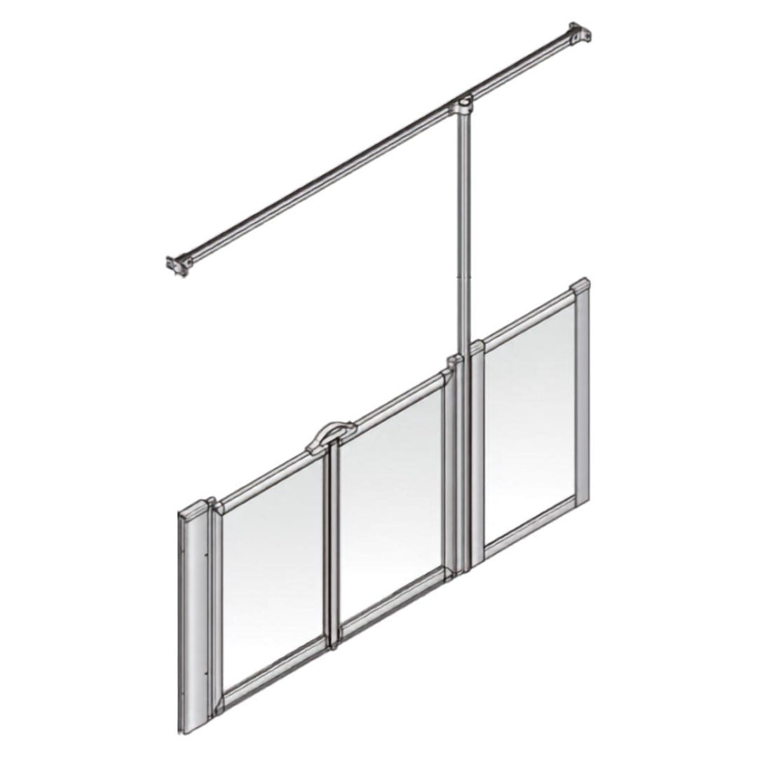 A glass shower screen set in a silver aluminum frame, shown with an overhead mounting rail and support pole on a plain white background.