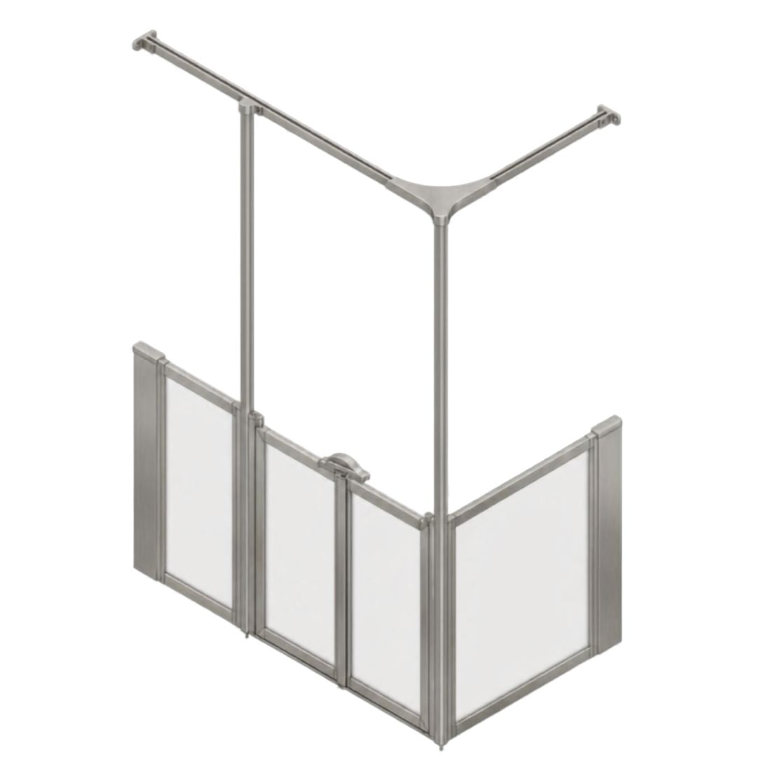 A modular aluminum shower screen with clear acrylic panels and a Y-shaped overhead curtain rail, shown on a solid white background.