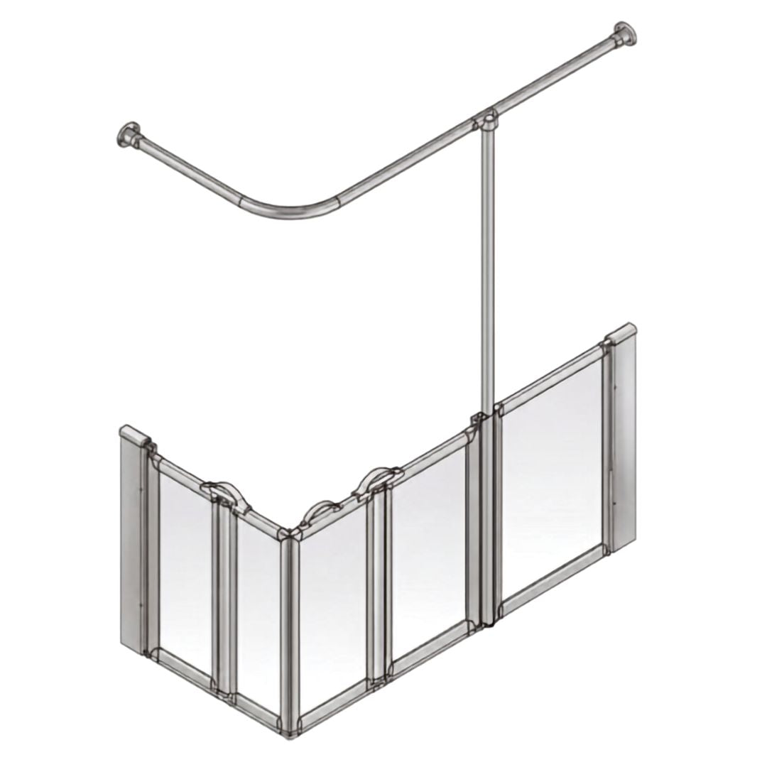 A silver metal shower screen set with a curved overhead bar, shown on a plain white background.