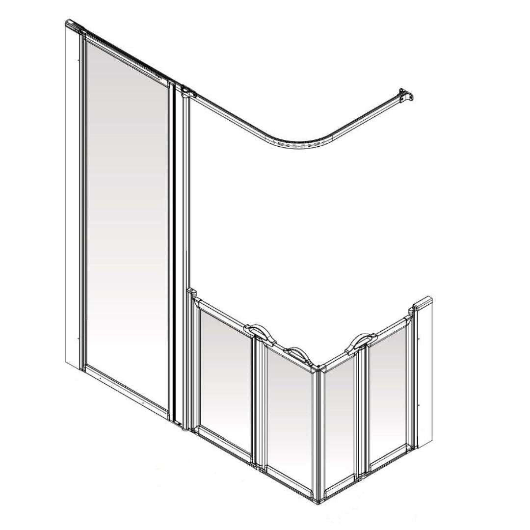 Technical line drawing of a modular shower screen with transparent panel sections and a curved top rail, shown on a plain white background.
