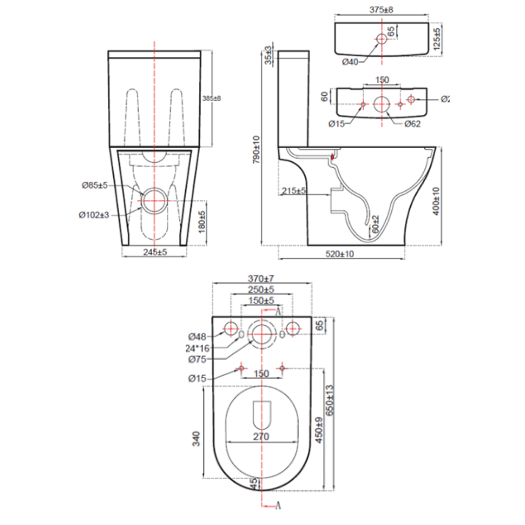Technical drawing of a toilet with dimensions labeled