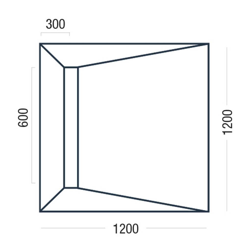 A simple black line drawing of a rectangular shower deck with dimension labels: 1200 width at the bottom, 1200 height on the right, 600 height on the left, and 300 width at the top, on a white background.