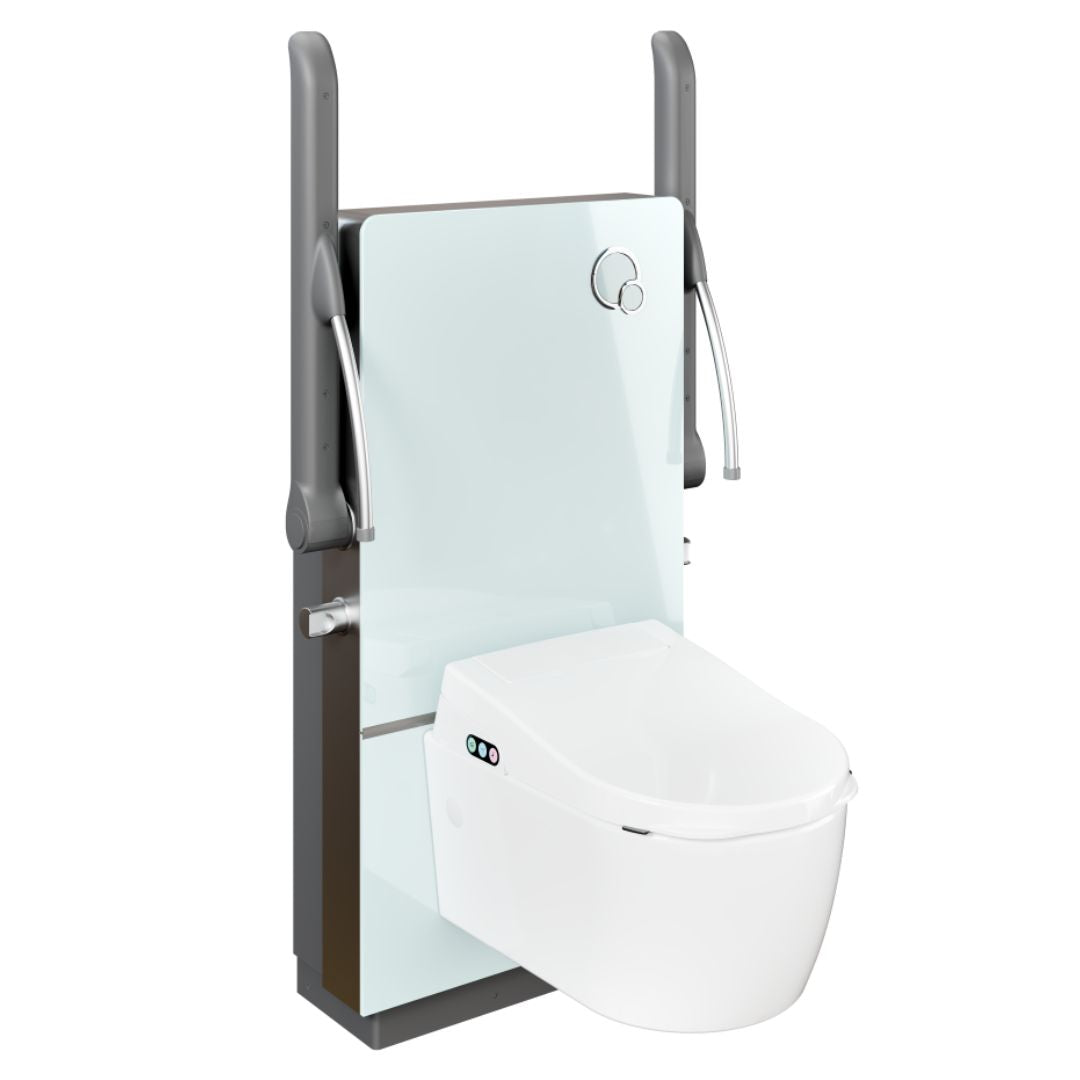 A wall-mounted rise and fall bidet toilet with a white ceramic bowl and lid, supported by a dark gray metal frame with safety grab handles and a frosted glass panel, shown on a plain white background.