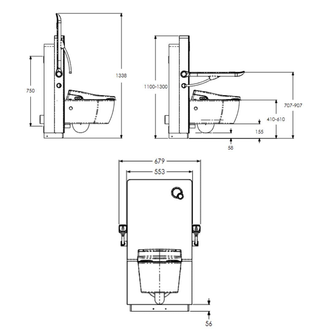 Technical dimension drawing of a wall-mounted bidet rise and fall toilet with front, side, and top-down views showing measurements in millimeters.