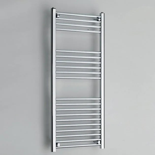 Chrome towel radiator on a gray background