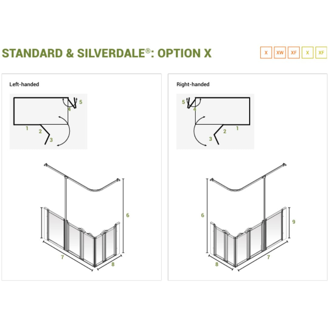 Technical dimension diagram for a folding shower screen, showing left-handed and right-handed installation options with labelled measurements and line drawings on a white background.