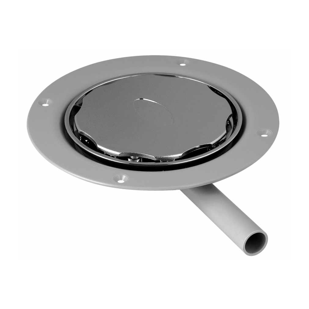 Metallic sink drain with a pipe on a white background