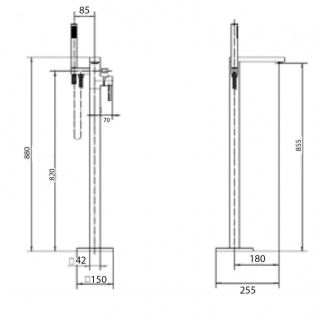 Technical drawing of a shower head with dimensions labeled