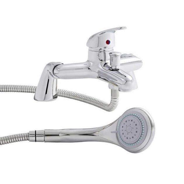 Chrome shower set with handheld shower head and flexible hose on a white background