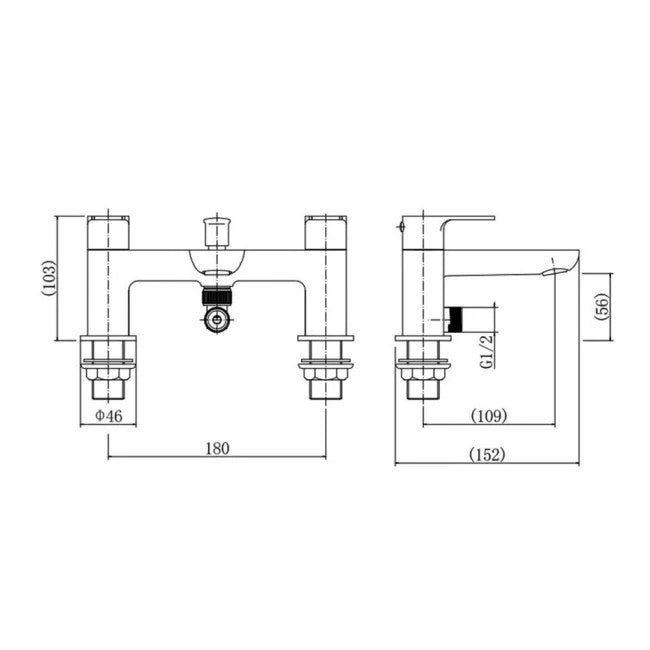 Technical drawing of a plumbing valve assembly with dimensions