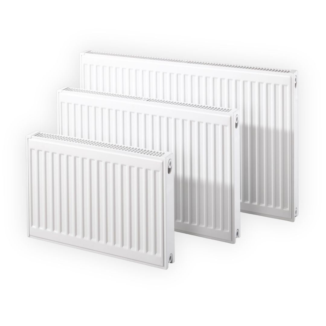 Three white panel radiators of different sizes arranged in a staggered display on a clean white background.