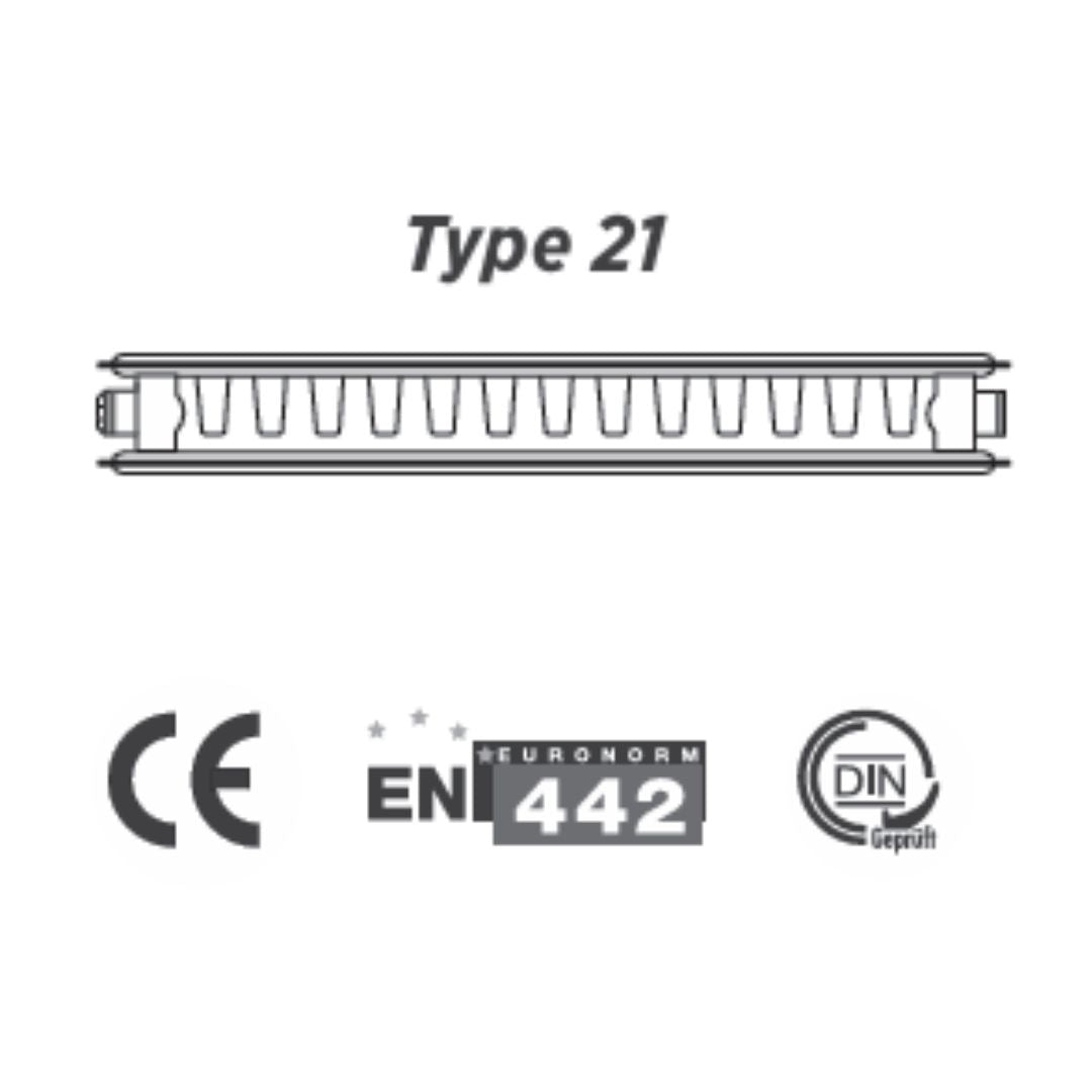 Technical line drawing of a radiator labeled 'Type 21' on a white background, with CE, EN 1442, and DIN Geprüfte certification marks below.