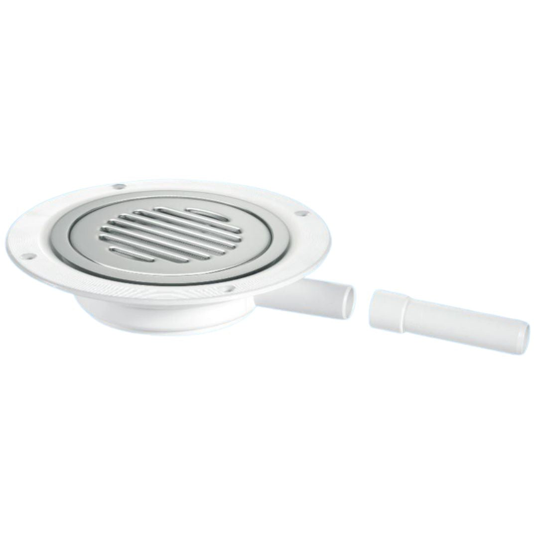A white circular drain assembly with a slotted metal center and a short white pipe connector, shown on a plain white background.