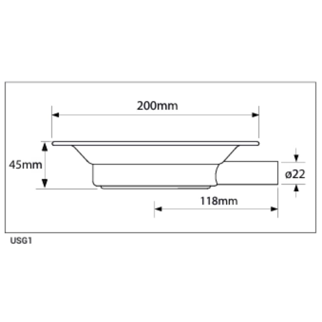 Technical dimension drawing of a round drain, showing measurements 200mm, 45mm, 118mm, and Ø22 on a white background.