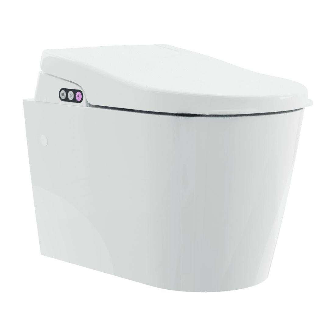 A white wall-mounted toilet with a closed lid and a small control panel on the left side, shown against a plain white background.