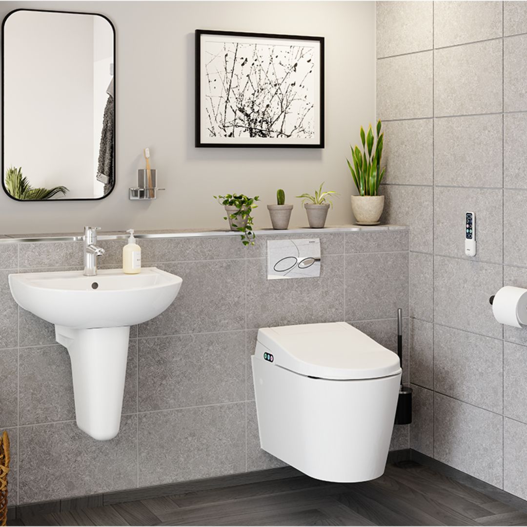 A modern bathroom scene showing a white wall-mounted toilet and a white pedestal sink with a chrome faucet, set against gray tiled walls. A black-framed wall mirror, framed artwork, small potted plants, and a toilet brush are visible.