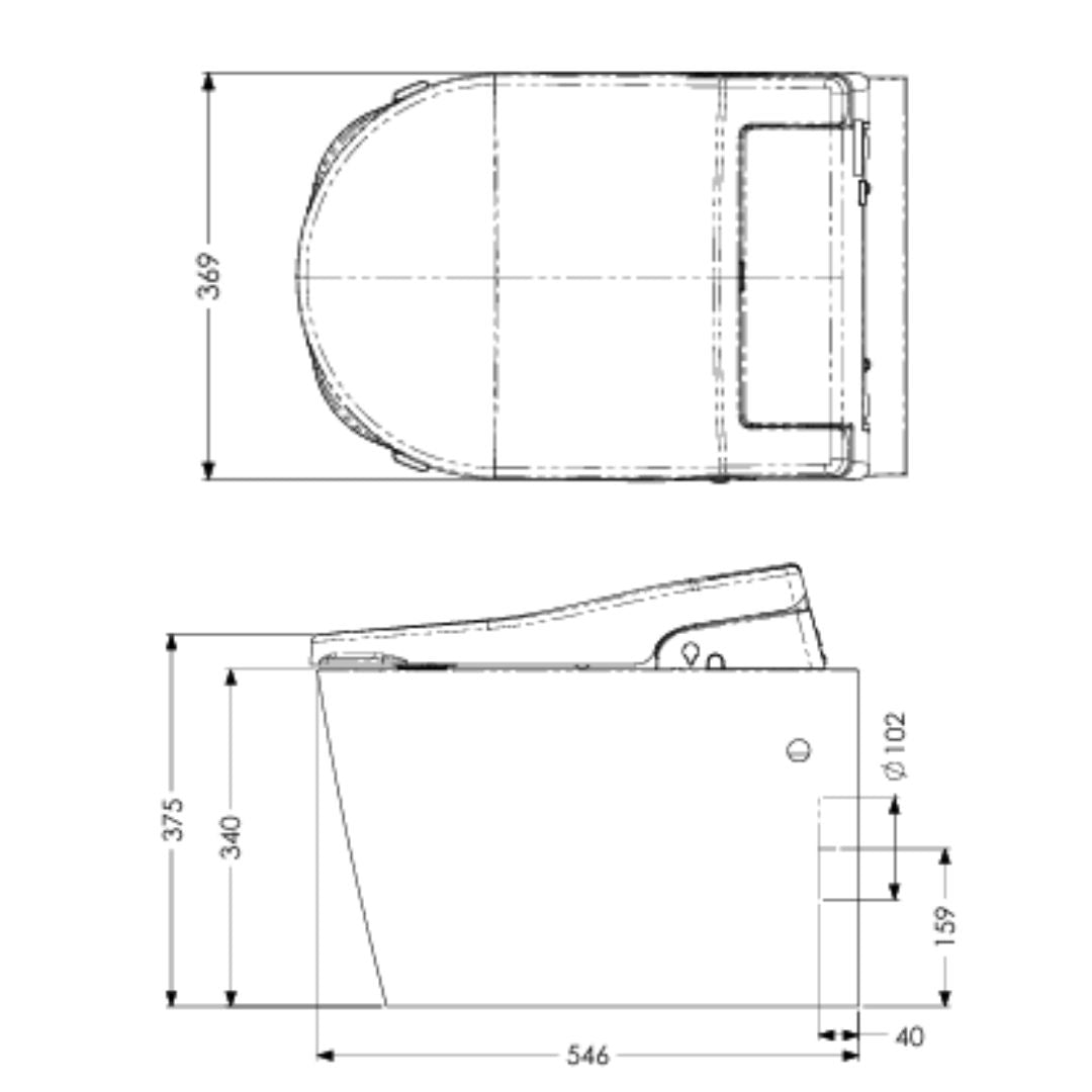 Technical line drawing showing top and side views of a product with dimension labels and measurements on a white background.