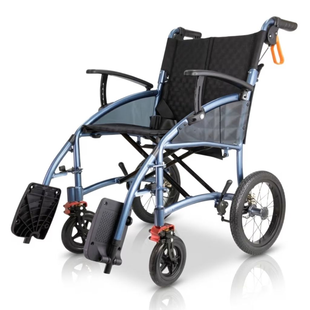 Blue wheelchair on white background