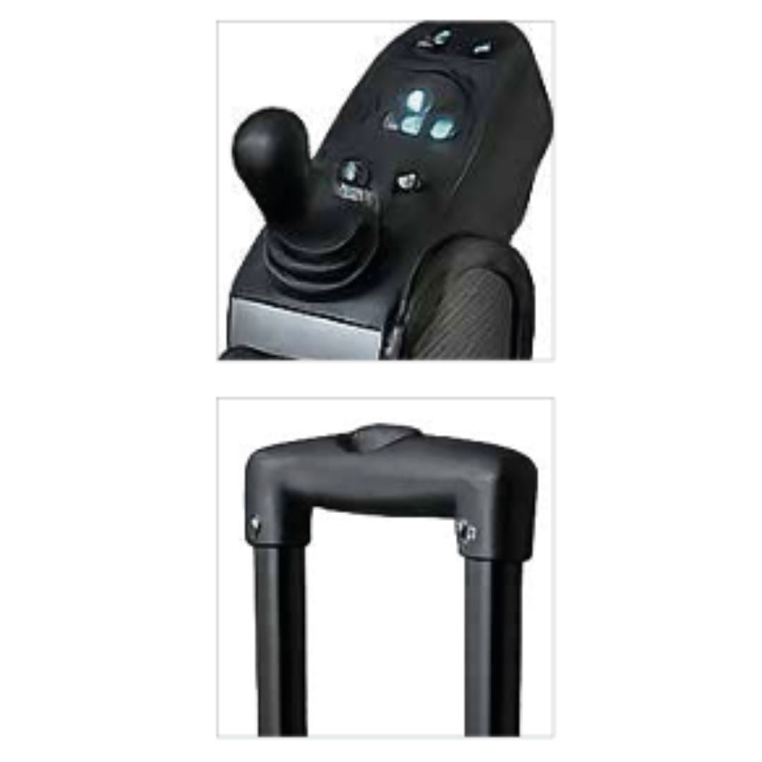 A close-up product image showing a black joystick control panel with buttons above and a matching black handlebar or grip below, presented on a white background.