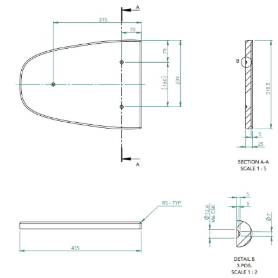 Technical drawing of a toilet plinth with dimensions and sections labeled