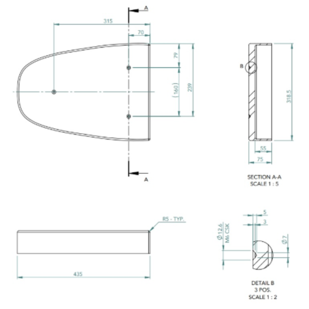 Technical drawing of a toilet plinth with dimensions and sections labeled