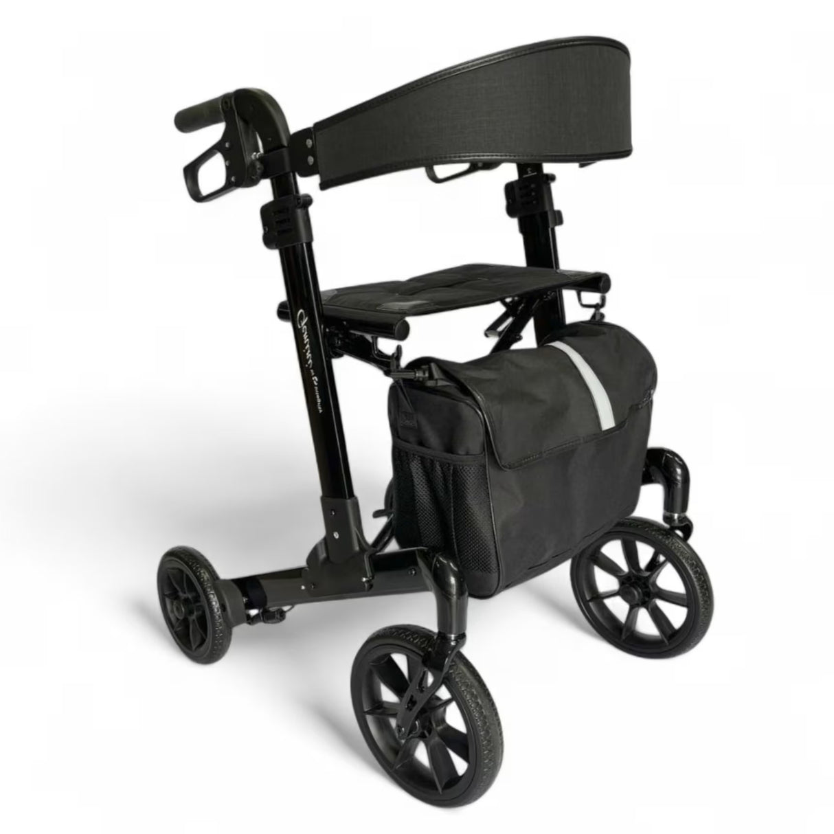A black four-wheel rolling walker with a padded backrest, seat, and a matching black storage bag featuring a reflective silver stripe, shown on a white background.