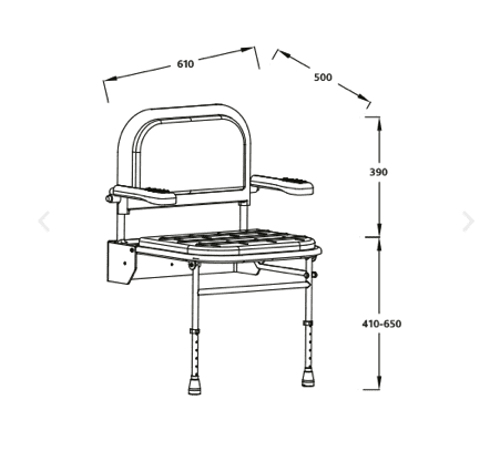 Black and white line drawing schematic of a shower chair with dimension annotations showing measurements of 610, 500, 390, and 410-650.