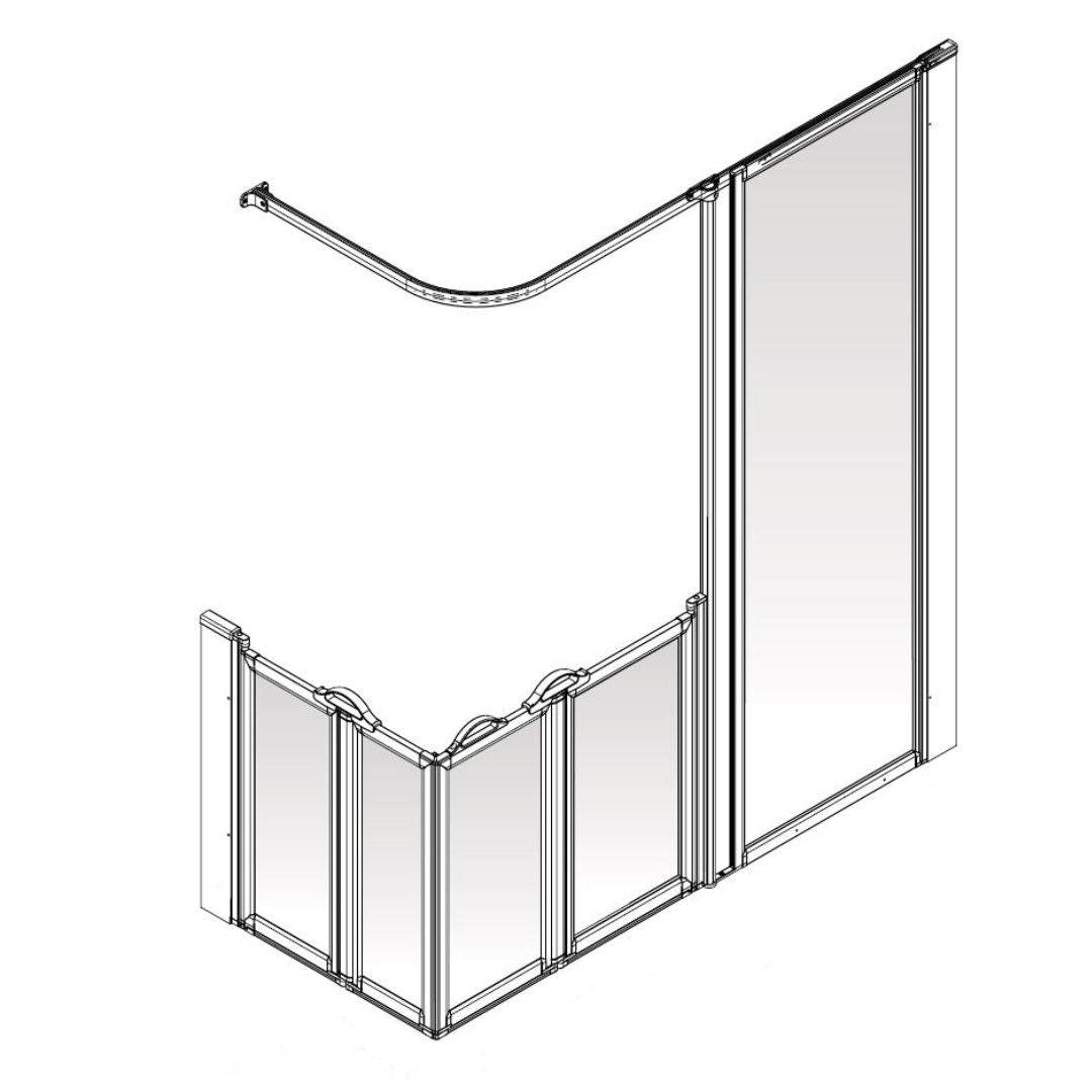 A technical line drawing of an L-shaped modular shower screen with a curved overhead bar, shown on a plain white background.