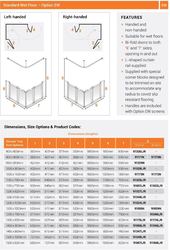 Technical drawing of a shower screen with dimensions and options.