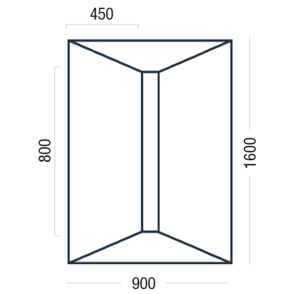 A simple line drawing of a rectangular shower deck with dimension labels and measurements: 450 at the top, 800 on the left, 1600 on the right, and 900 at the bottom, on a white background.