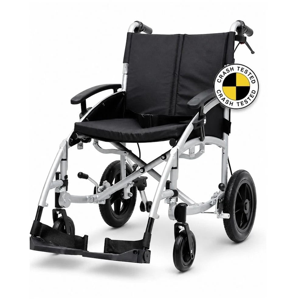 Black wheelchair with crash tested symbol on white background