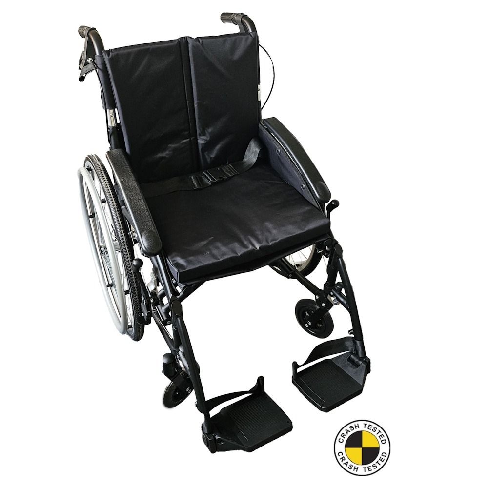 Black wheelchair and crash tested symbol on white background