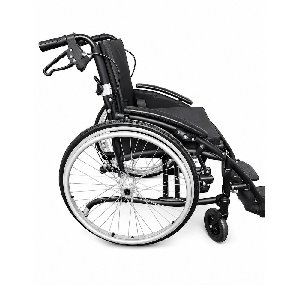 side view of black wheelchair on white background