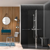 Shower seat in modern dark bathroom setting