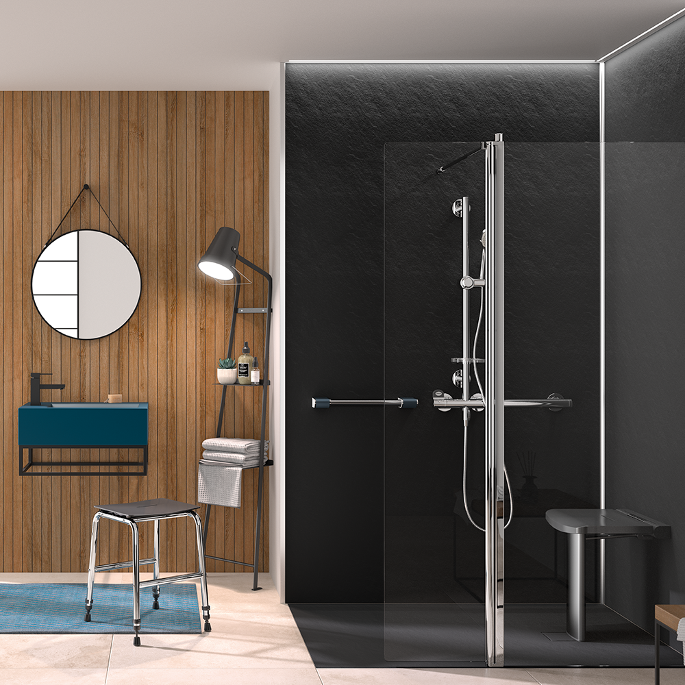 Black fold up seat in modern bathroom