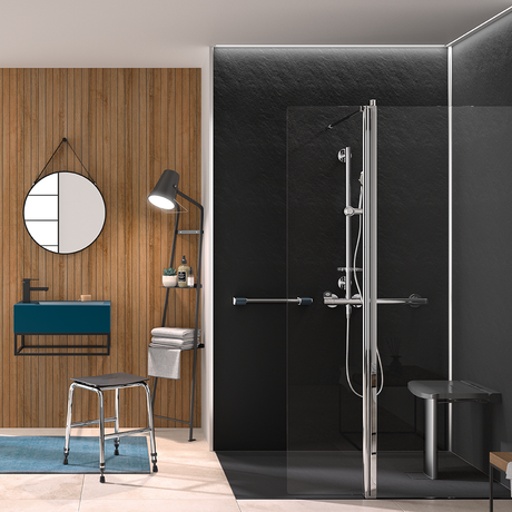 Black fold up seat in modern bathroom