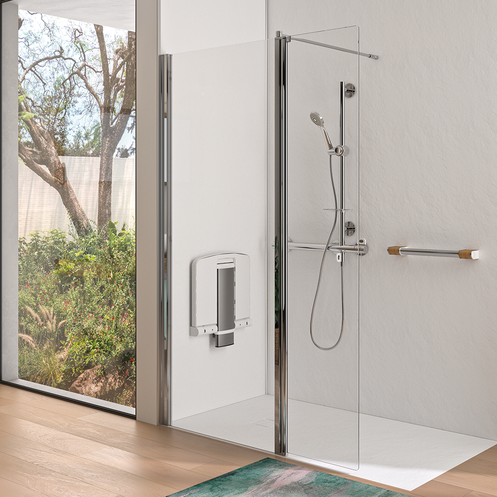 white folded shower seat in modern bathroom