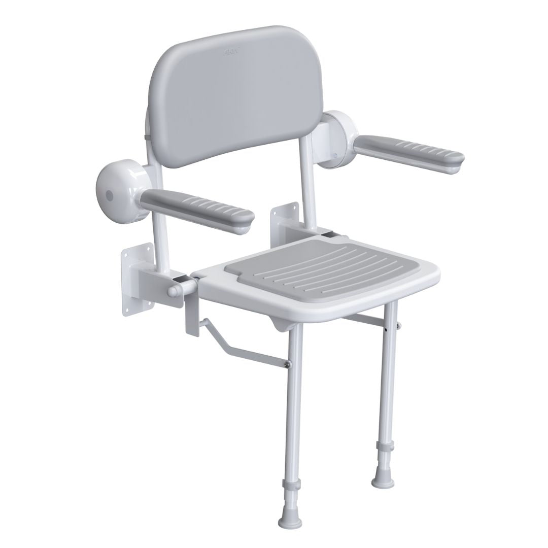 White adjustable shower chair with a padded backrest, armrests, and a slatted seat, shown on a plain white background.