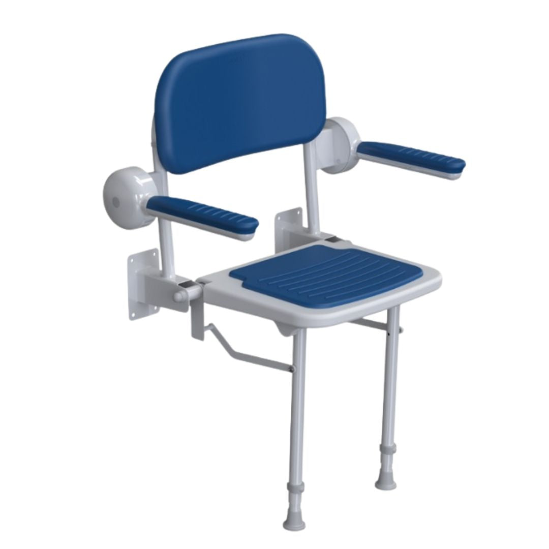 A blue and white fold-down shower seat with a backrest, armrests, and a seat, shown on a plain white background.