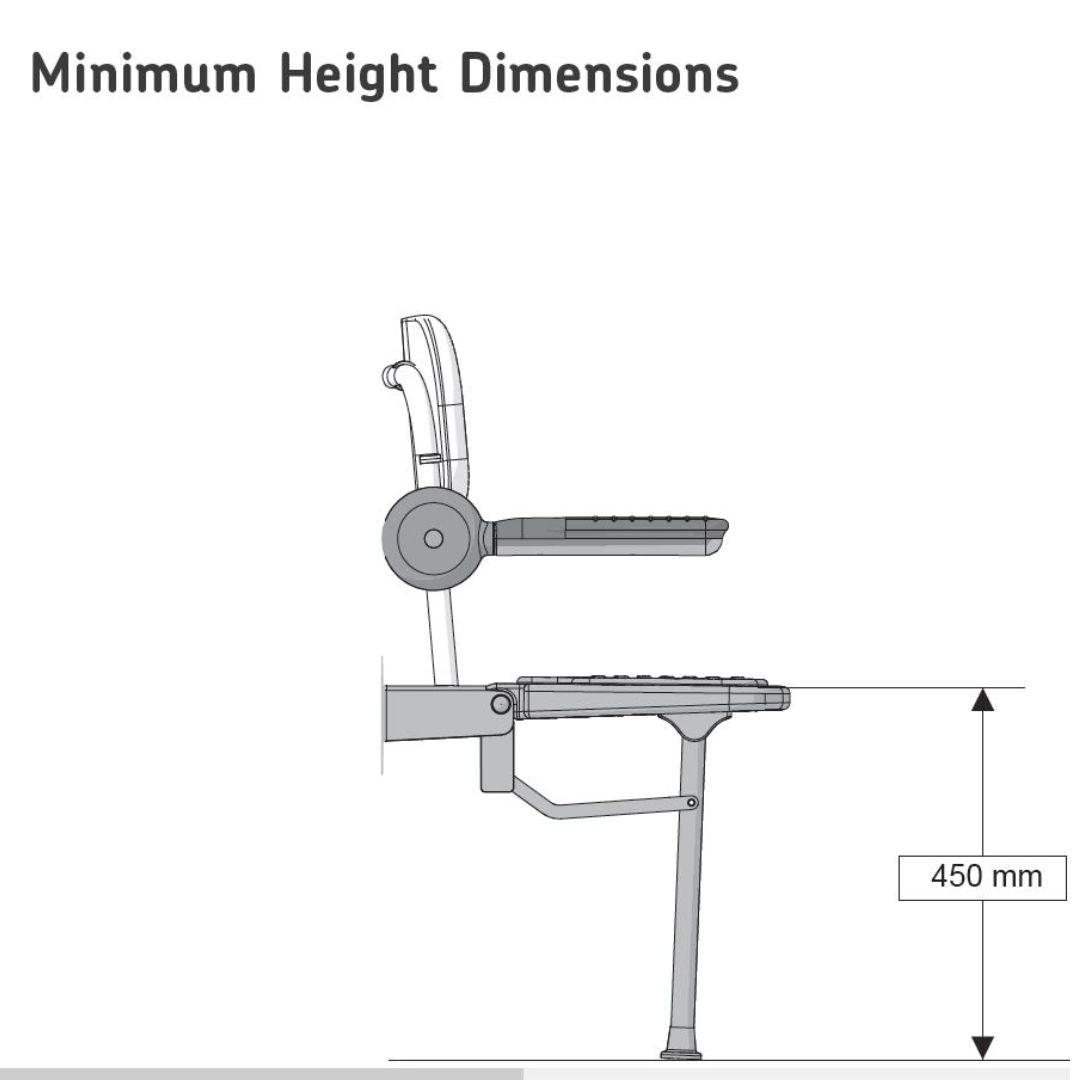 A technical dimension diagram showing the minimum height of a chair with a footrest and armrest, labeled 'Minimum Height Dimensions' and marked as 450 mm.