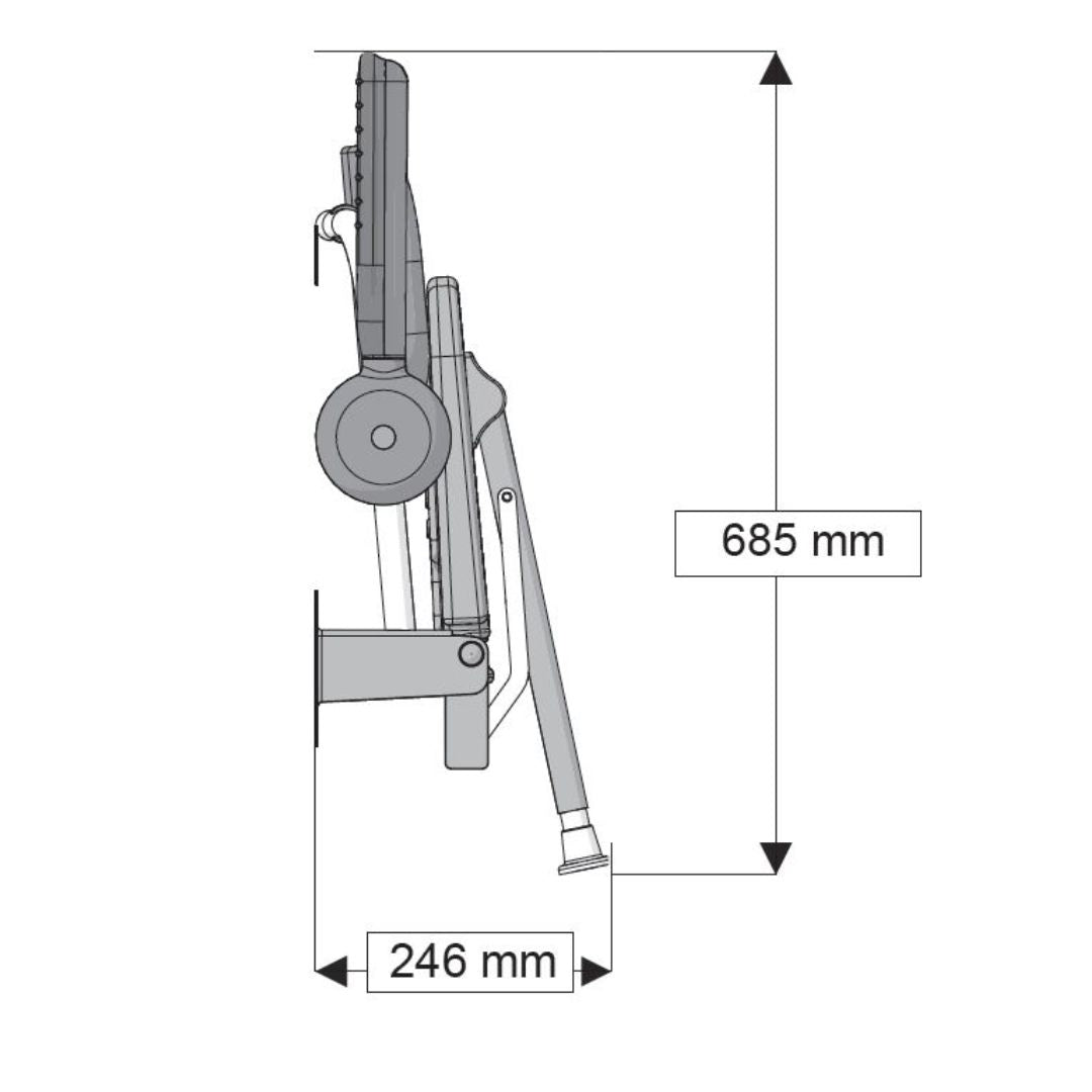 Technical dimension diagram of a folded shower seat, showing a side profile with measurements labeled 685 mm height and 246 mm base width on a white background.