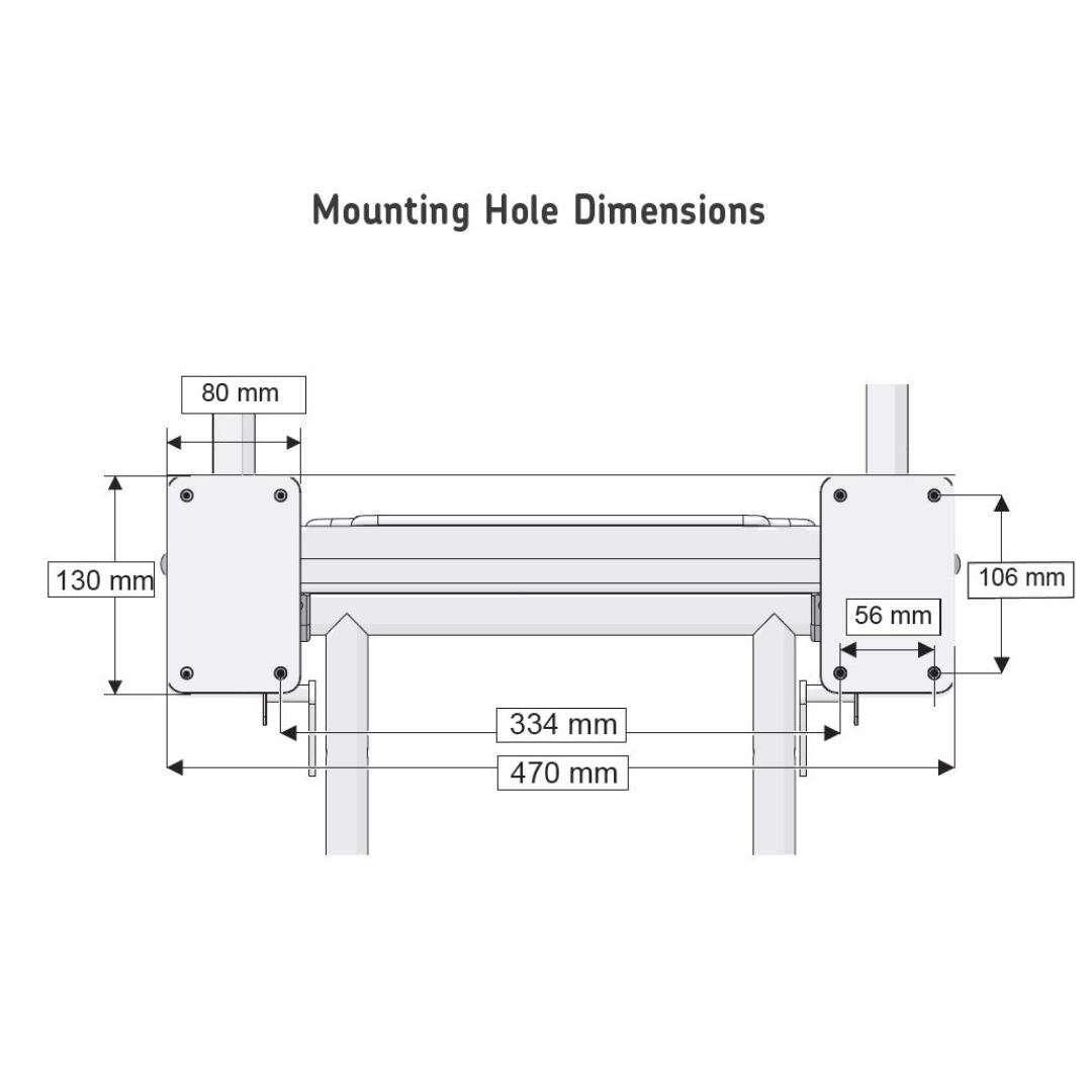 A technical dimension diagram titled 'Mounting Hole Dimensions' showing a side-view schematic of a mounting bracket assembly with labeled measurements in millimeters.
