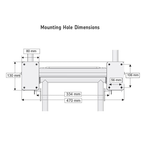 A technical dimension diagram titled 'Mounting Hole Dimensions' showing a side-view schematic of a mounting bracket assembly with labeled measurements in millimeters.