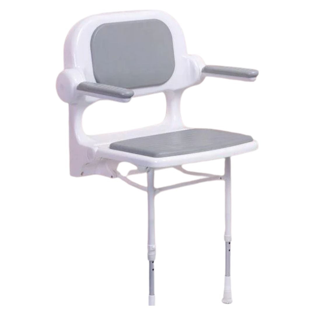 AKW Series 2000 Standard Padded Fold-Up Shower Seat with Back & Arms Grey/Blue