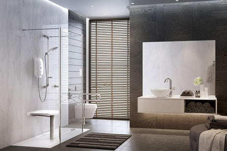 Modern bathroom with shower, sink, and bathtub.