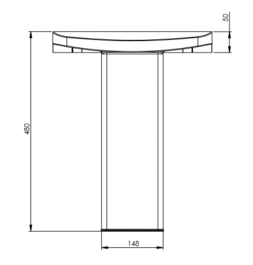 Technical drawing of a curved surface with dimensions