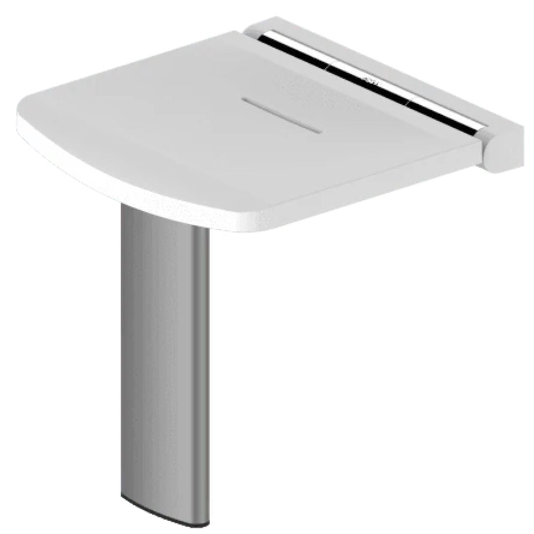A modern shower seat with a white curved top and a brushed silver cylindrical base, shown on a plain white background.