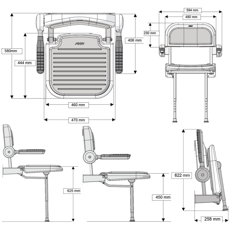 Technical drawing of a chair with dimensions labeled
